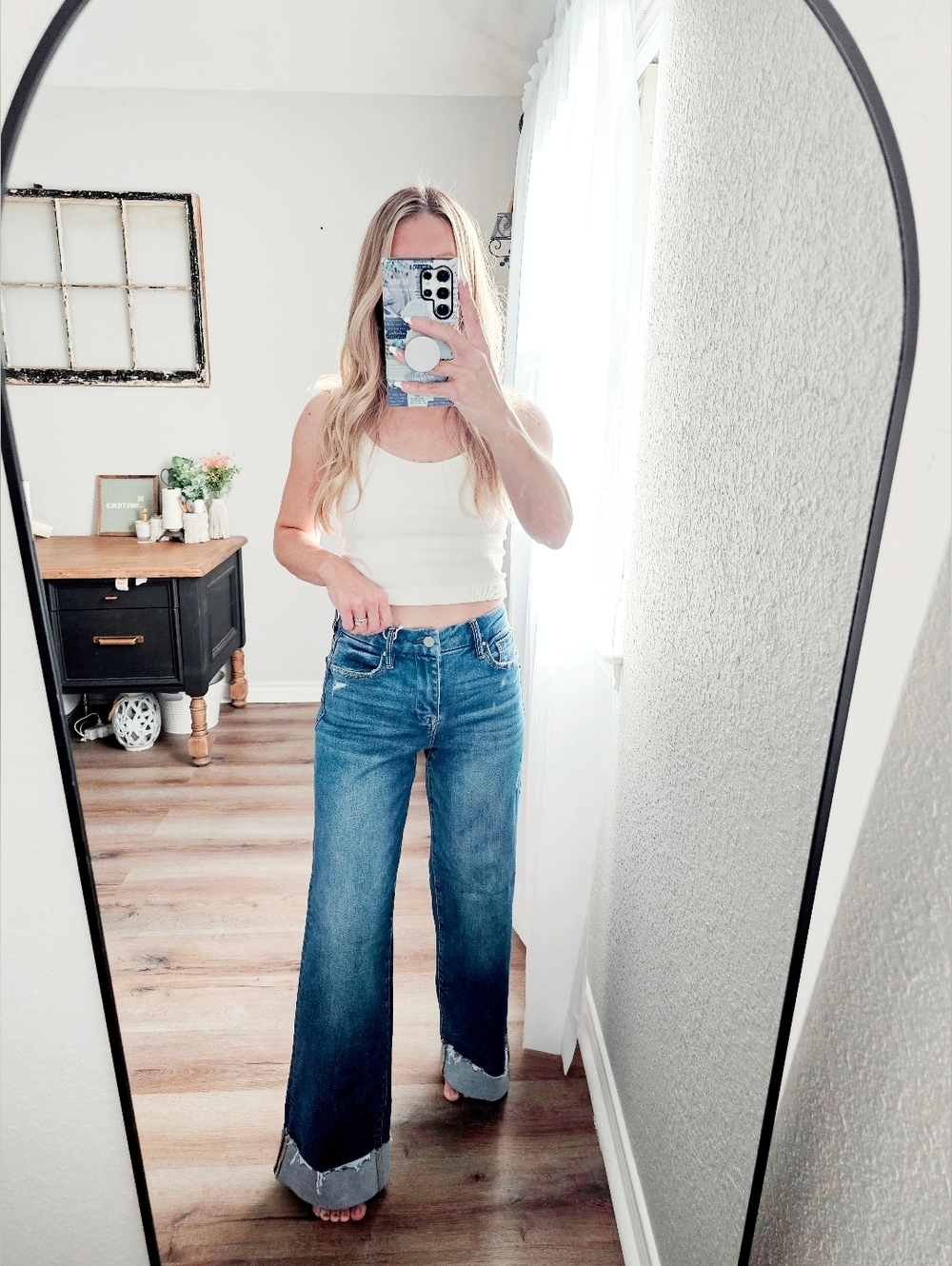 RISEN High Rise Medium Wash Wide Leg Denim Jeans Cuffed Raw Hems Various NEW